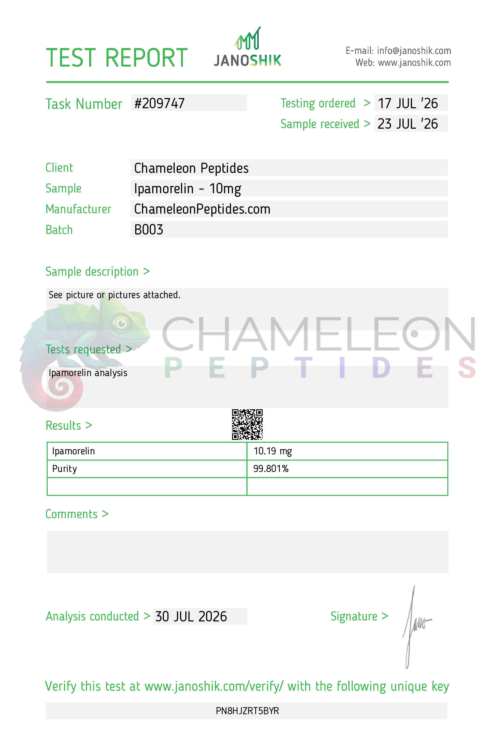 Ipamorelin 10mg Batch B003 Janoshik COA showing 99.801 percent purity