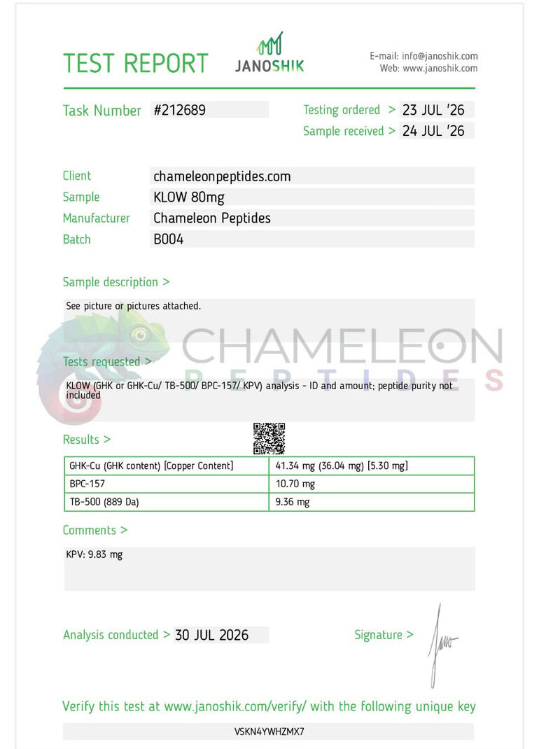 KLOW 80mg Batch B004 Janoshik component mass and identity report