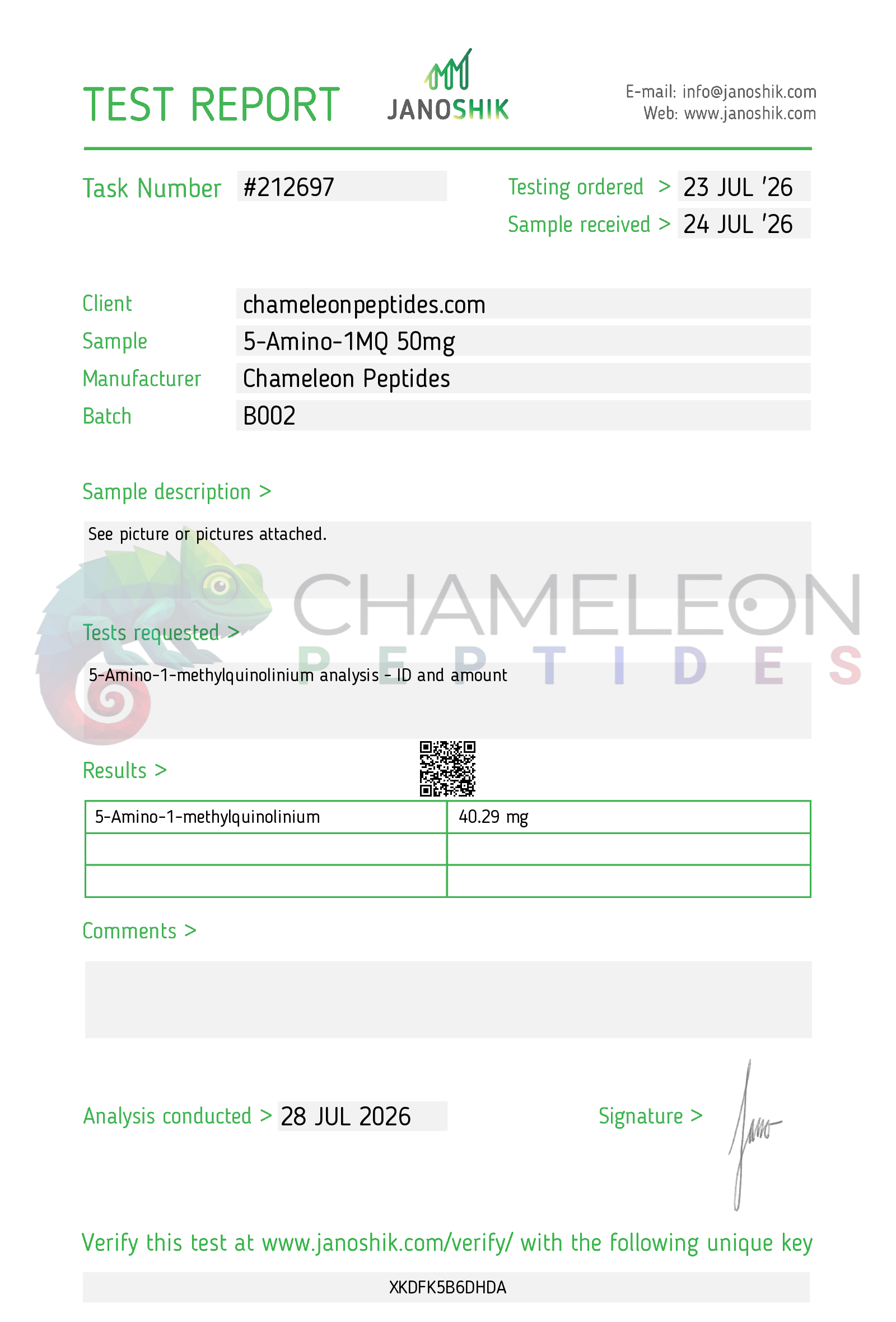 Janoshik ID and amount report 212697 for 5-Amino-1MQ 40mg Batch B002