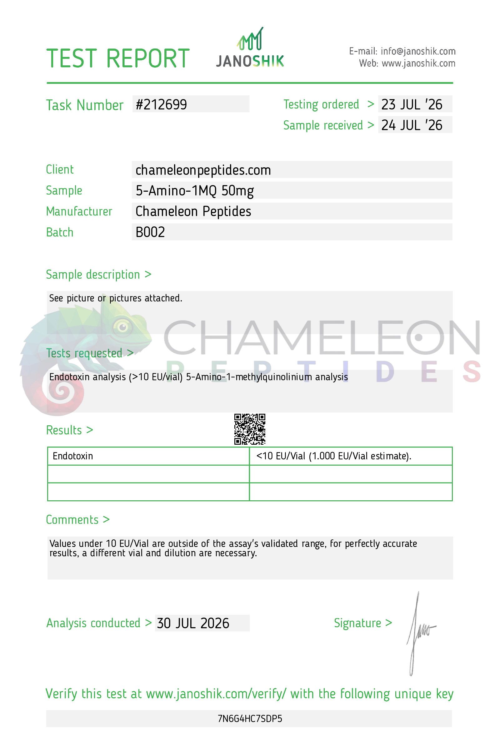 Janoshik endotoxin report 212699 for 5-Amino-1MQ 40mg Batch B002