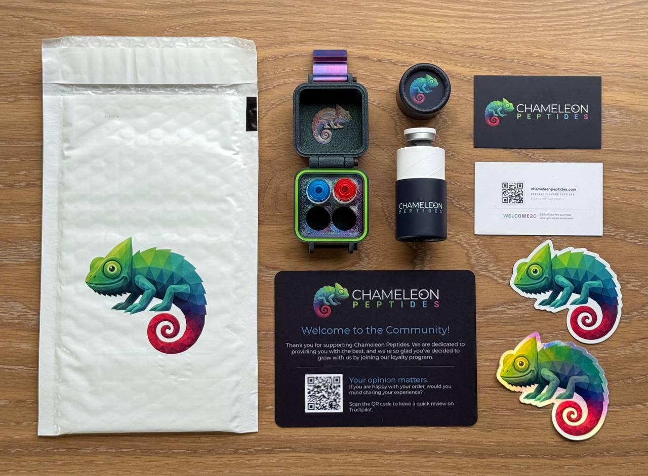 Chameleon Peptides order — branded mailer, vial case, welcome card, stickers, and magnet