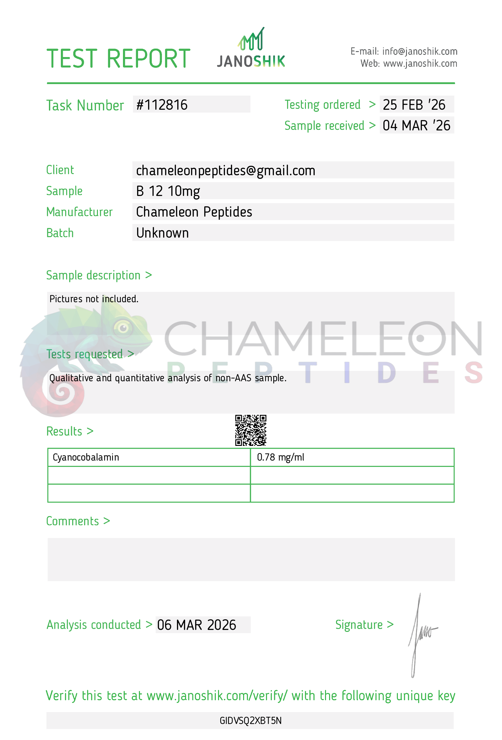 B-12 Certificate of Analysis