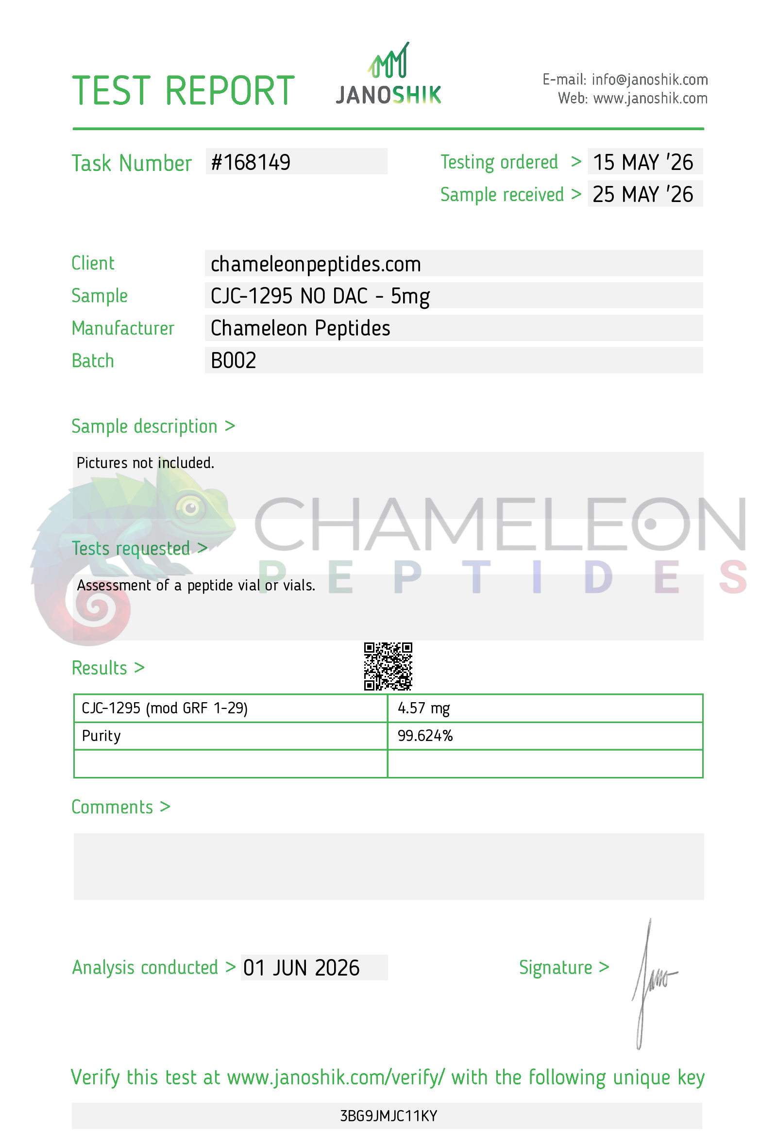 CJC-1295 NO DAC Batch B002 ID amount purity Janoshik report