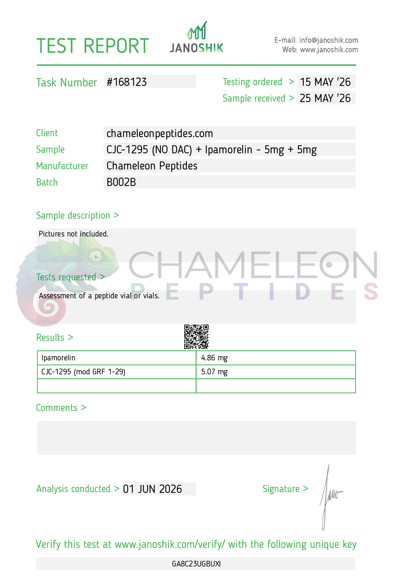 CJC-1295 NO DAC plus Ipamorelin Batch B002B ID amount Janoshik report