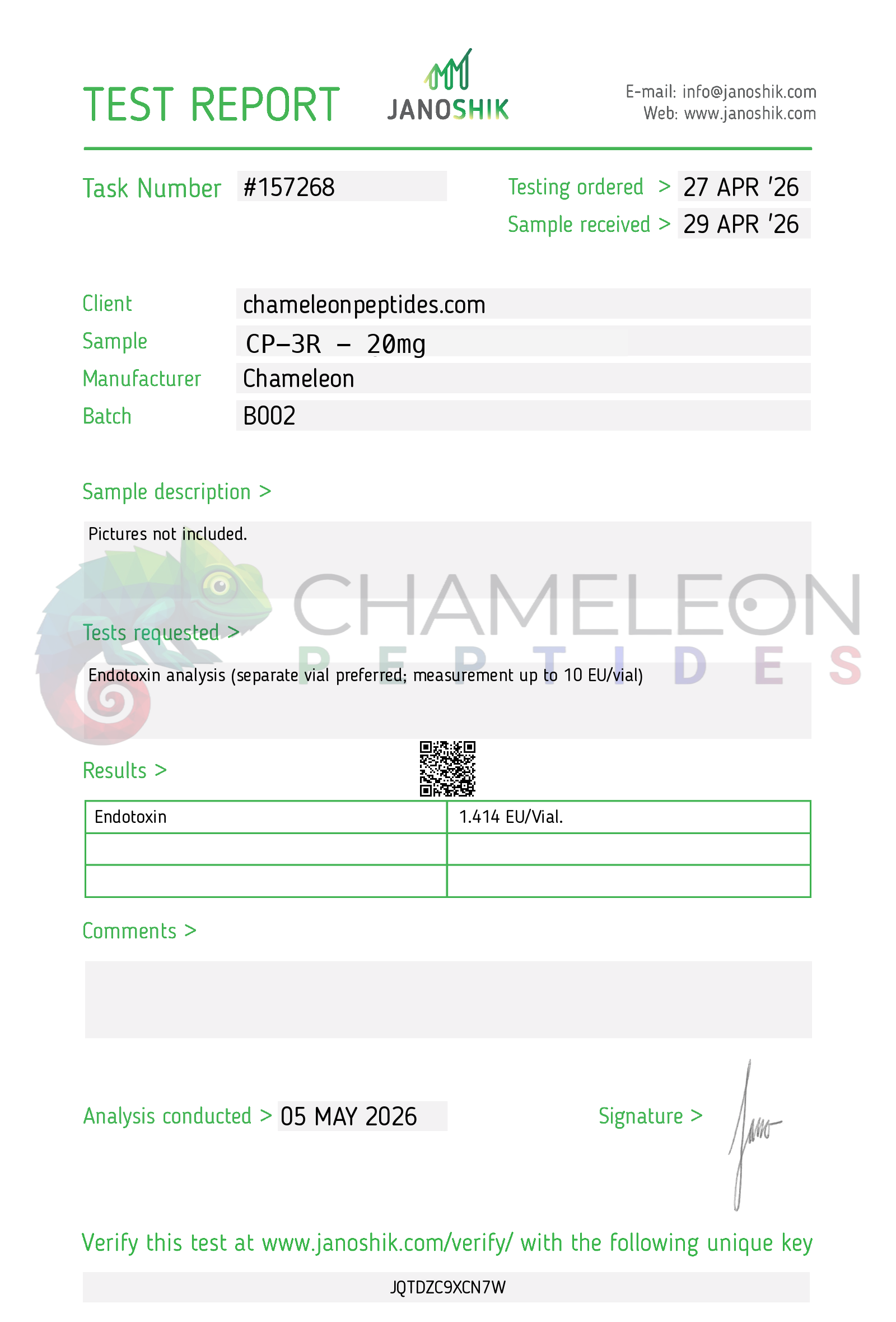 CP-3R B002 representative 20mg endotoxin report, Janoshik 157268