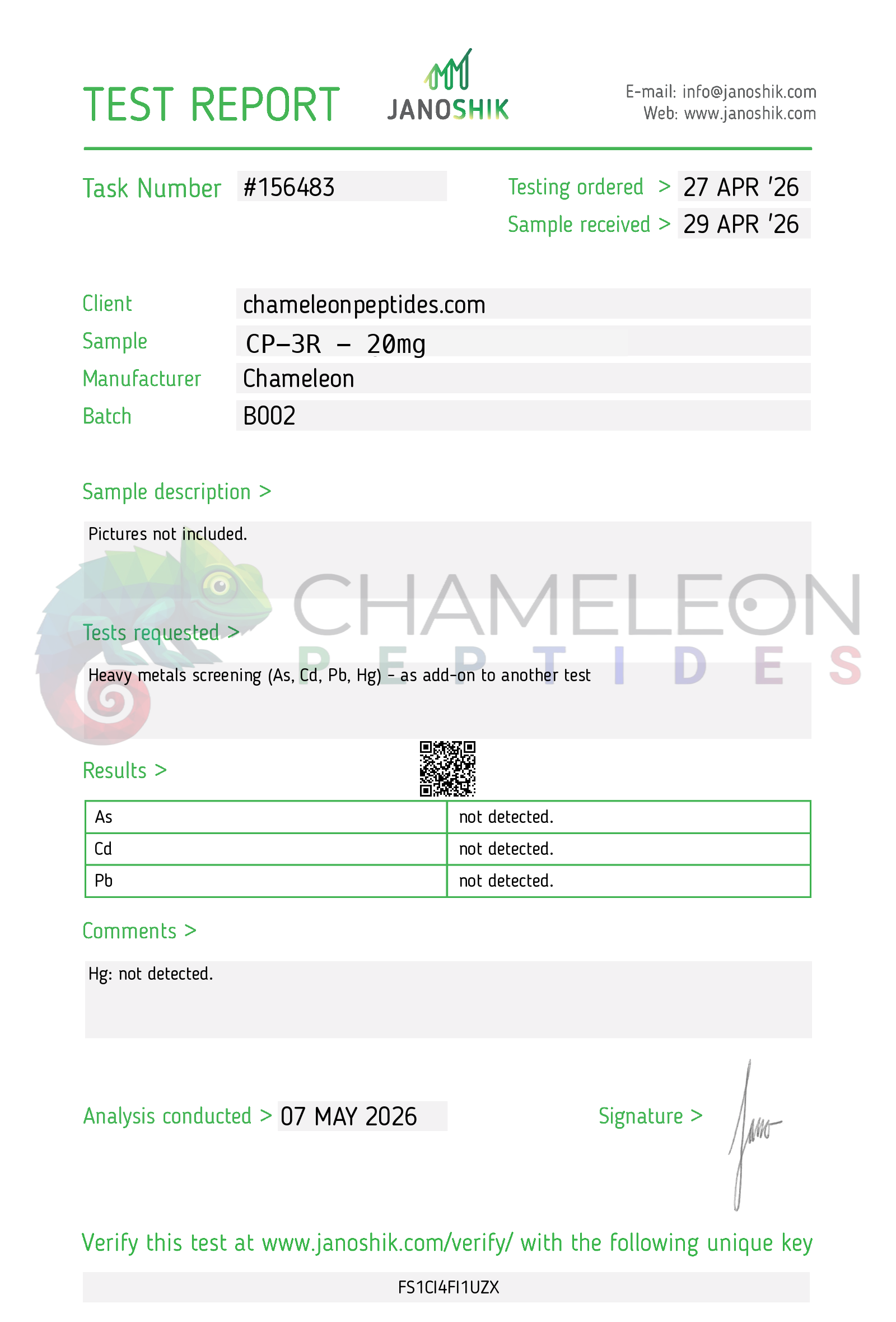 CP-3R B002 representative 20mg heavy metals report, Janoshik 156483