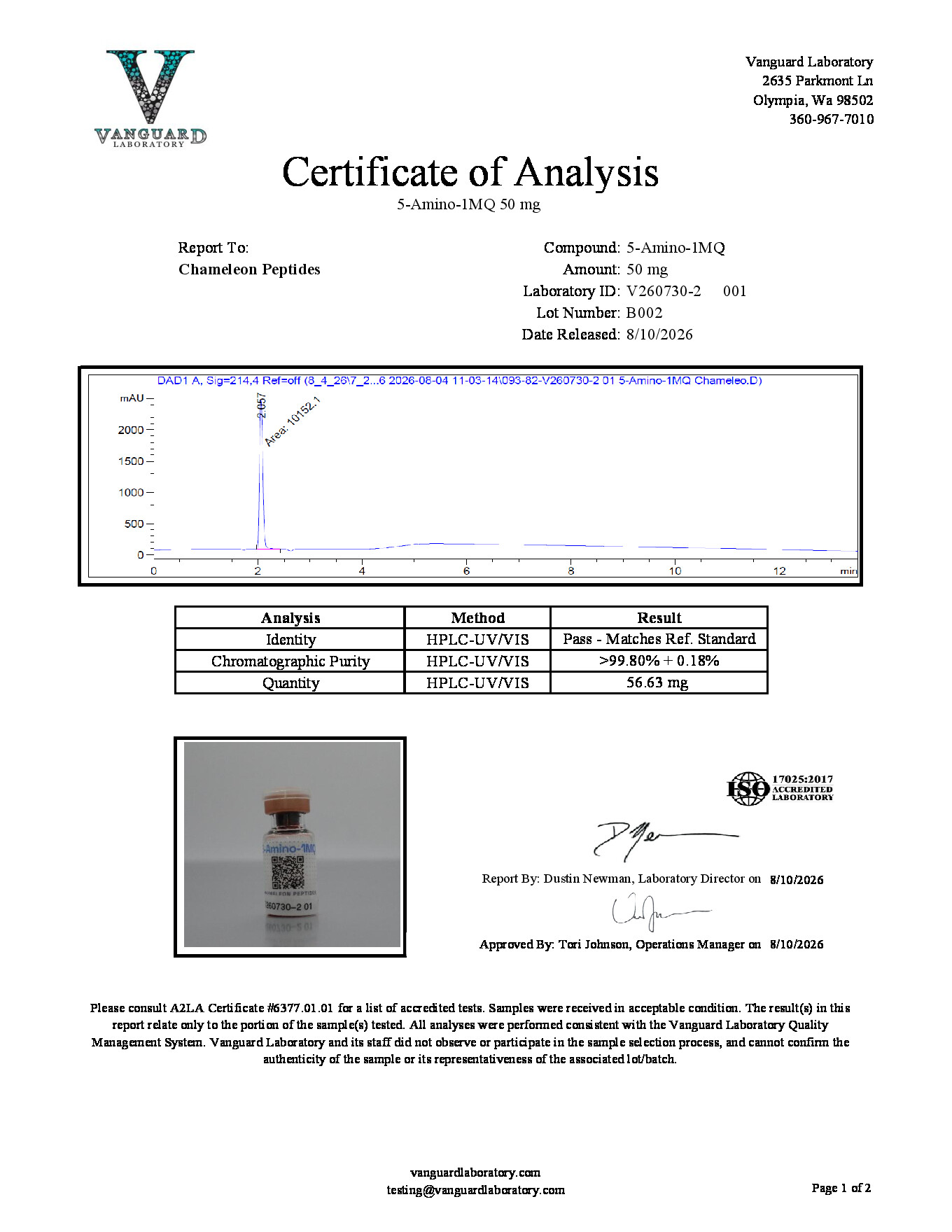 Vanguard Laboratory page 1 of COA V260730-2 001 for 5-Amino-1MQ 50 mg Batch B002