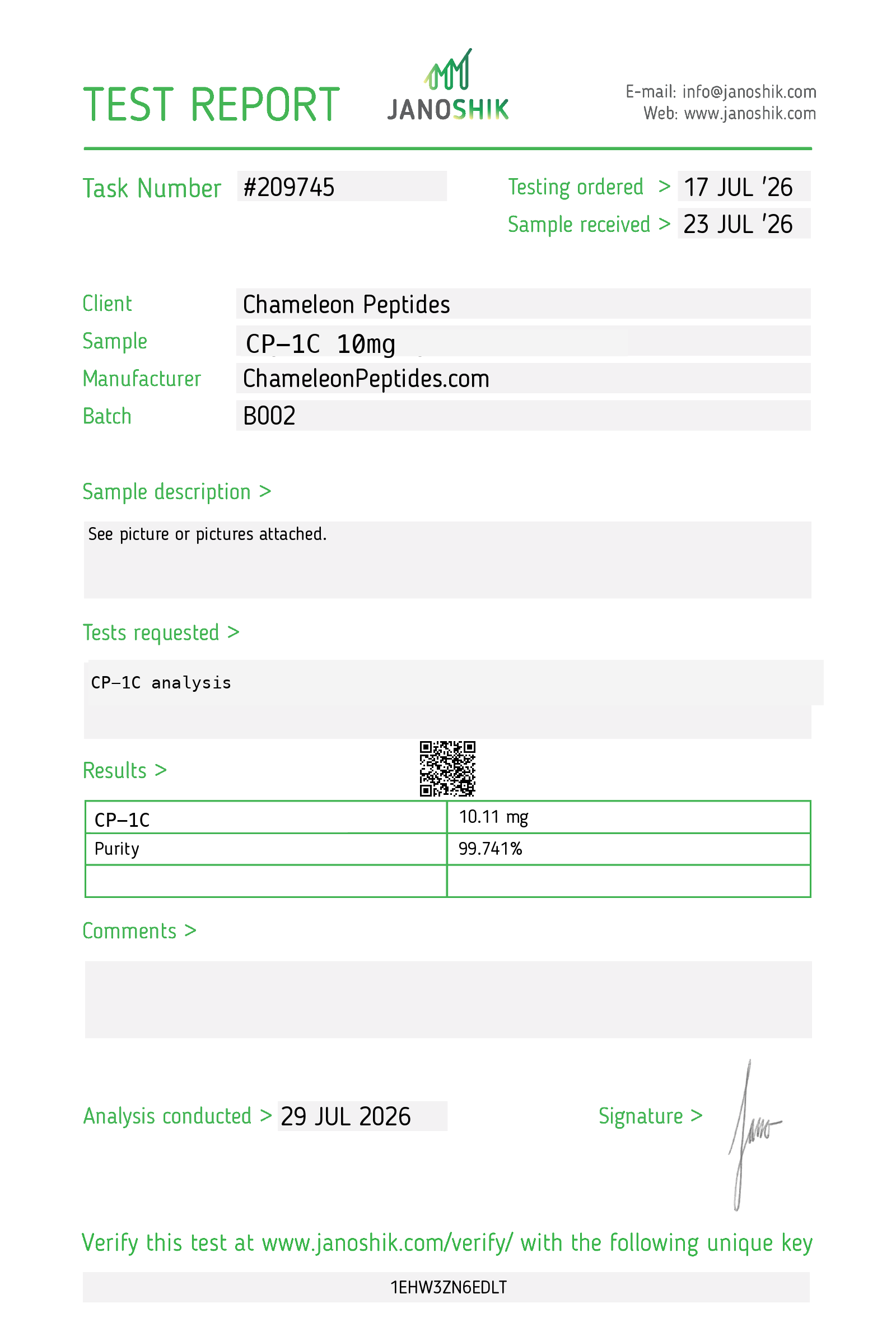 Janoshik report #209745 for CP-1C 10mg Batch B002