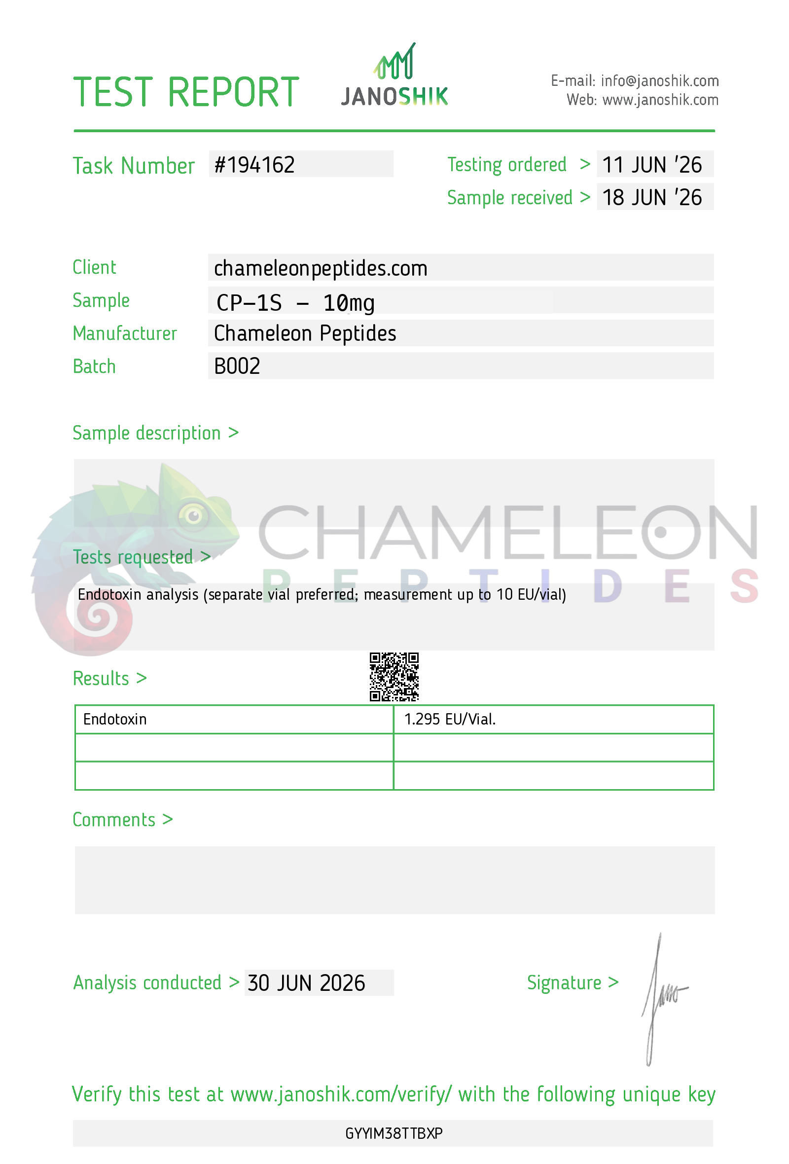Endotoxin report CP-1S 10mg Janoshik #194162