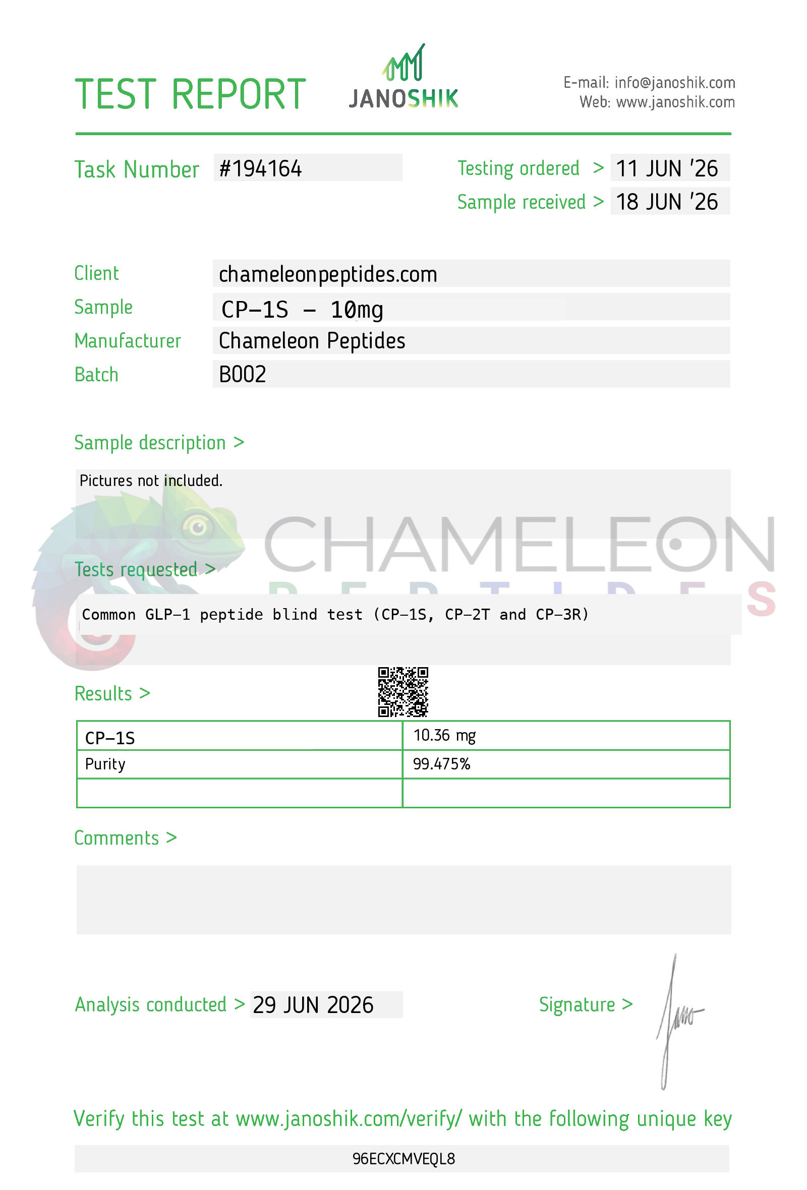 COA CP-1S 10mg Batch B002 Janoshik report 194164