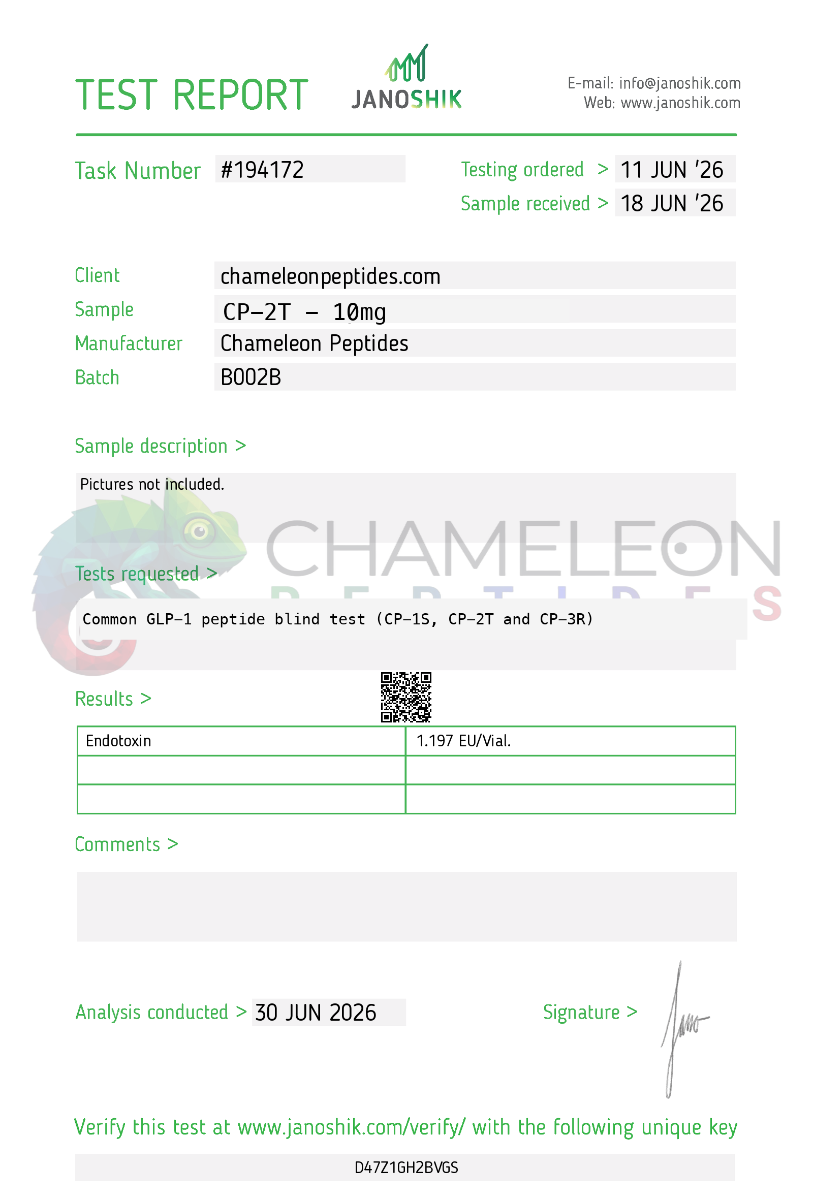 Janoshik B002B endotoxin report #194172 for CP-2T 10mg