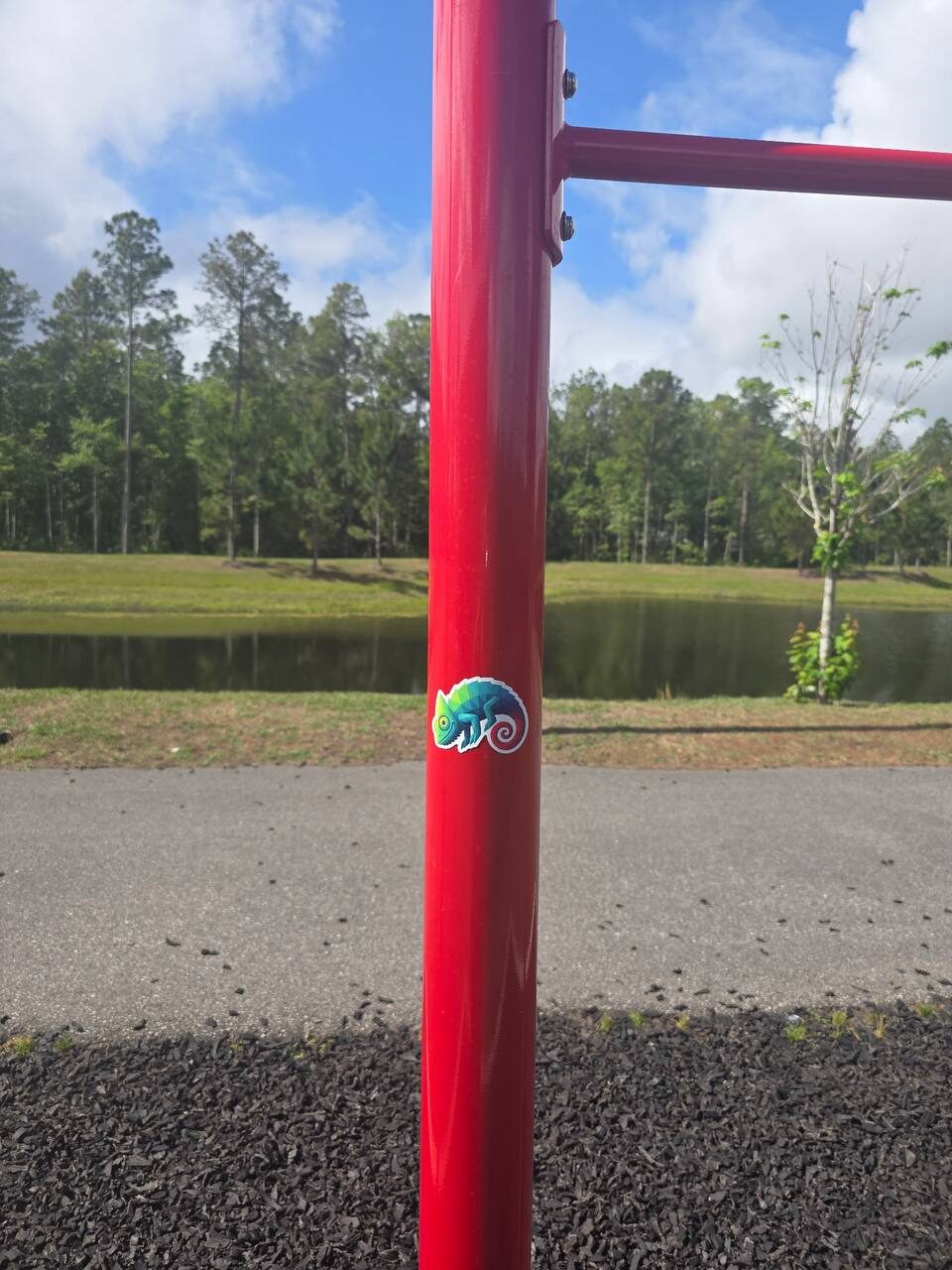 Chameleon sticker on a red playground pole beside a pond