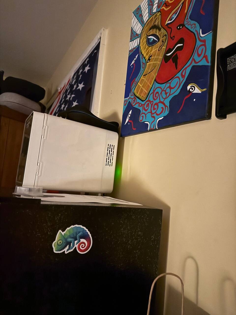 Chameleon Peptides sticker on a black cabinet below a white printer in a home office