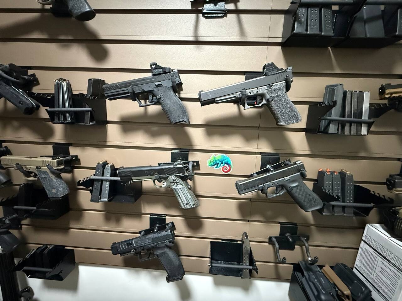 Chameleon sticker on a wall-mounted firearm display