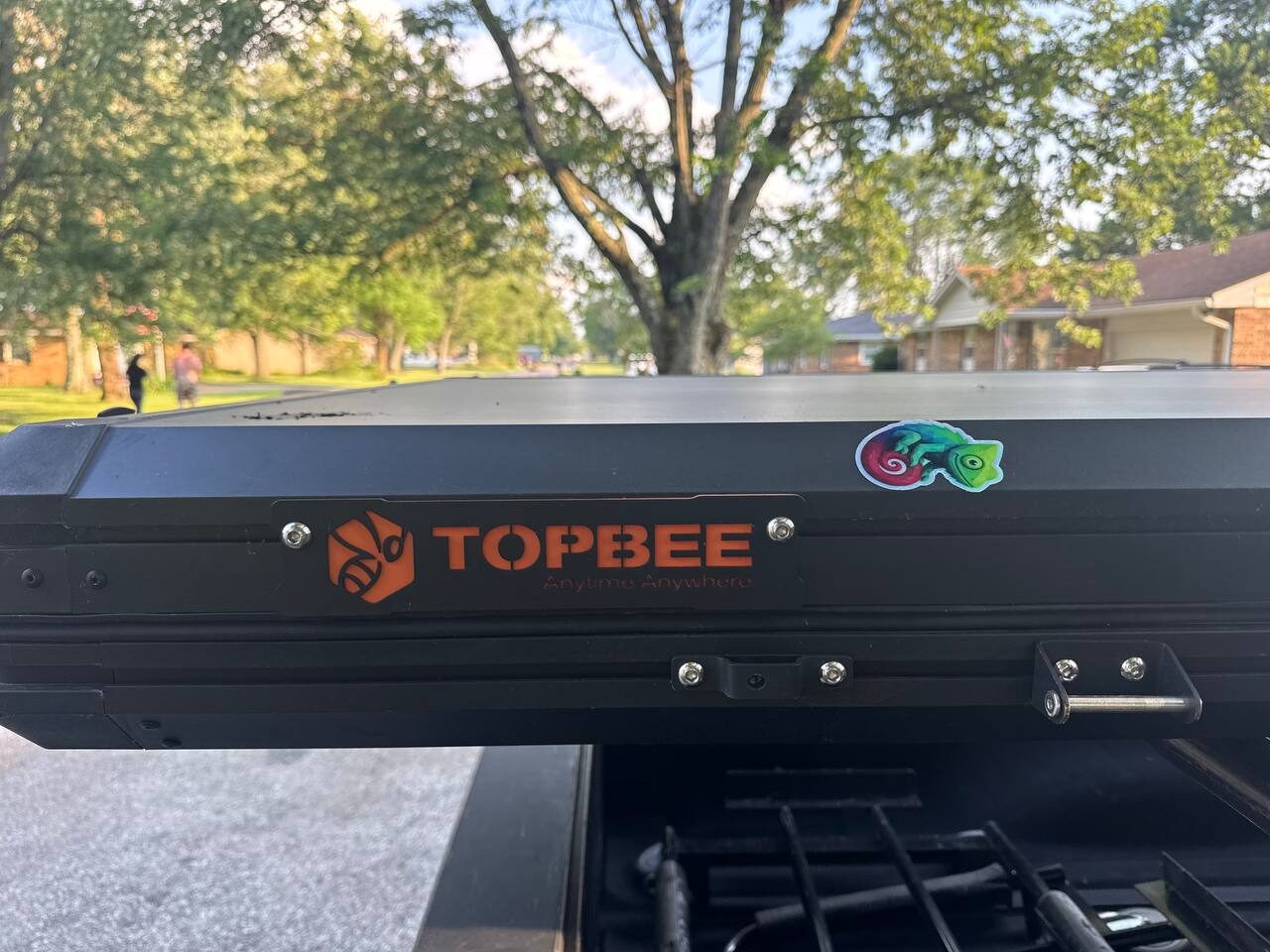 Chameleon sticker on a black cargo box mounted on a vehicle in a residential neighborhood